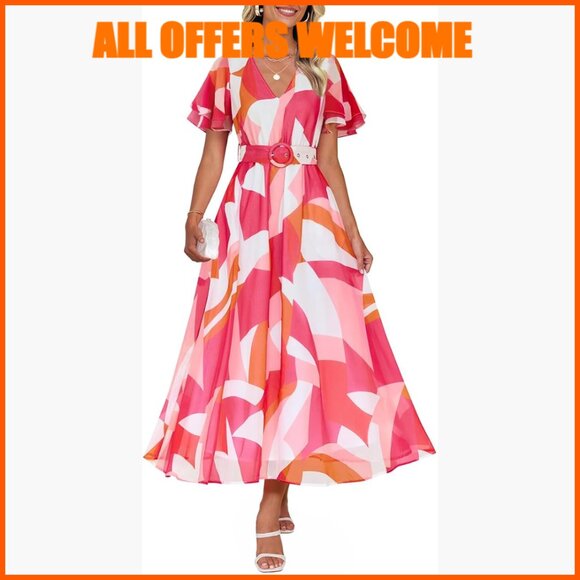 Dresses & Skirts - Floral V-Neck Midi Dress with Removable Belt, Polyester Fabric